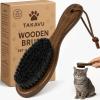 imageTakavu Boar Bristle Cat Hair Brush Gentle Grooming Brush with Natural Bristles and Wooden Handle for Sensitive Skin Pet Cleaning Supplies Keeping Your Cats Fur Hair Coat Healthy and ShinyBlack Boar Bristle
