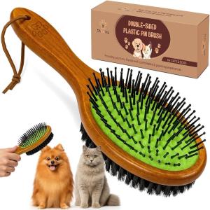 imageTAKAVU Pin ampamp Bristle Pet Brush for Dogs ampamp Cats  Double Sided Grooming Tool Detangles Removes Loose Hair ampamp Conditions Coat  Wood HandleBlack Boar Bristle  Pin Brush