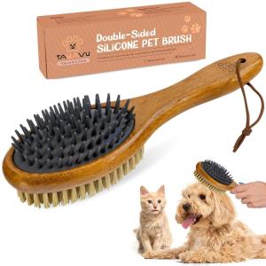 imageTAKAVU Pin ampamp Bristle Pet Brush for Dogs ampamp Cats  Double Sided Grooming Tool Detangles Removes Loose Hair ampamp Conditions Coat  Wood HandleWhite Boar Bristle  Silicone Brush