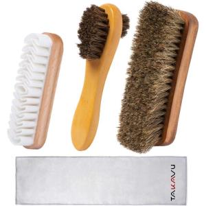 imageTAKAVU Shoe Shine Brushes Kit 4PCS  100 Soft Horsehair Bristles Brush Polish Applicator Crepe Suede Shoes Brush Microfiber Buffing Cloth for Shoes Leather Boot Cloth Bag4 Piece Set