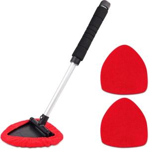 imageTAKAVU Windshield Window Cleaner Tool Extendable LongReach Handle Unique Pivoting Triangular Head 3 Washable Reusable Microfiber Bonnets Car ampamp Home Inside Interior Exterior Use  Lint Free RedBlack  Red