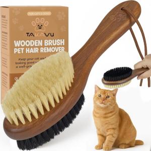 imageTakavu Boar Bristle Cat Hair Brush Gentle Grooming Brush with Natural Bristles and Wooden Handle for Sensitive Skin Pet Cleaning Supplies Keeping Your Cats Fur Hair Coat Healthy and ShinyDouble Side Brush